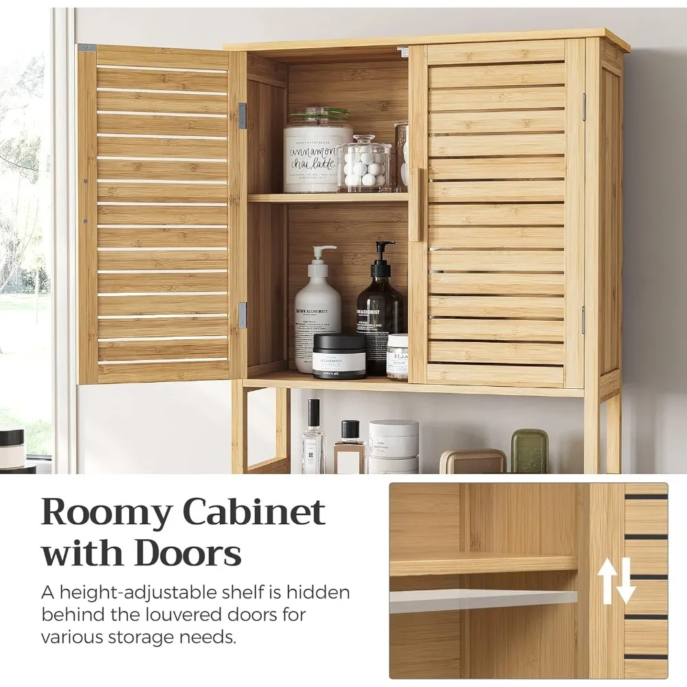 تمت ترقيتها بالكامل - خزانة تخزين فوق المرحاض، وخزانة حمام مع رف داخلي قابل للتعديل وقضيب تثبيت سفلي،