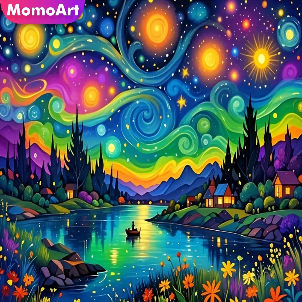 Momoart Fluss-Diamantmalerei Landschaft Kreuzstich-Sets Diamant-Mosaik Himmel Abstrakt DIY Nadelarbeit Stickerei Handwerk