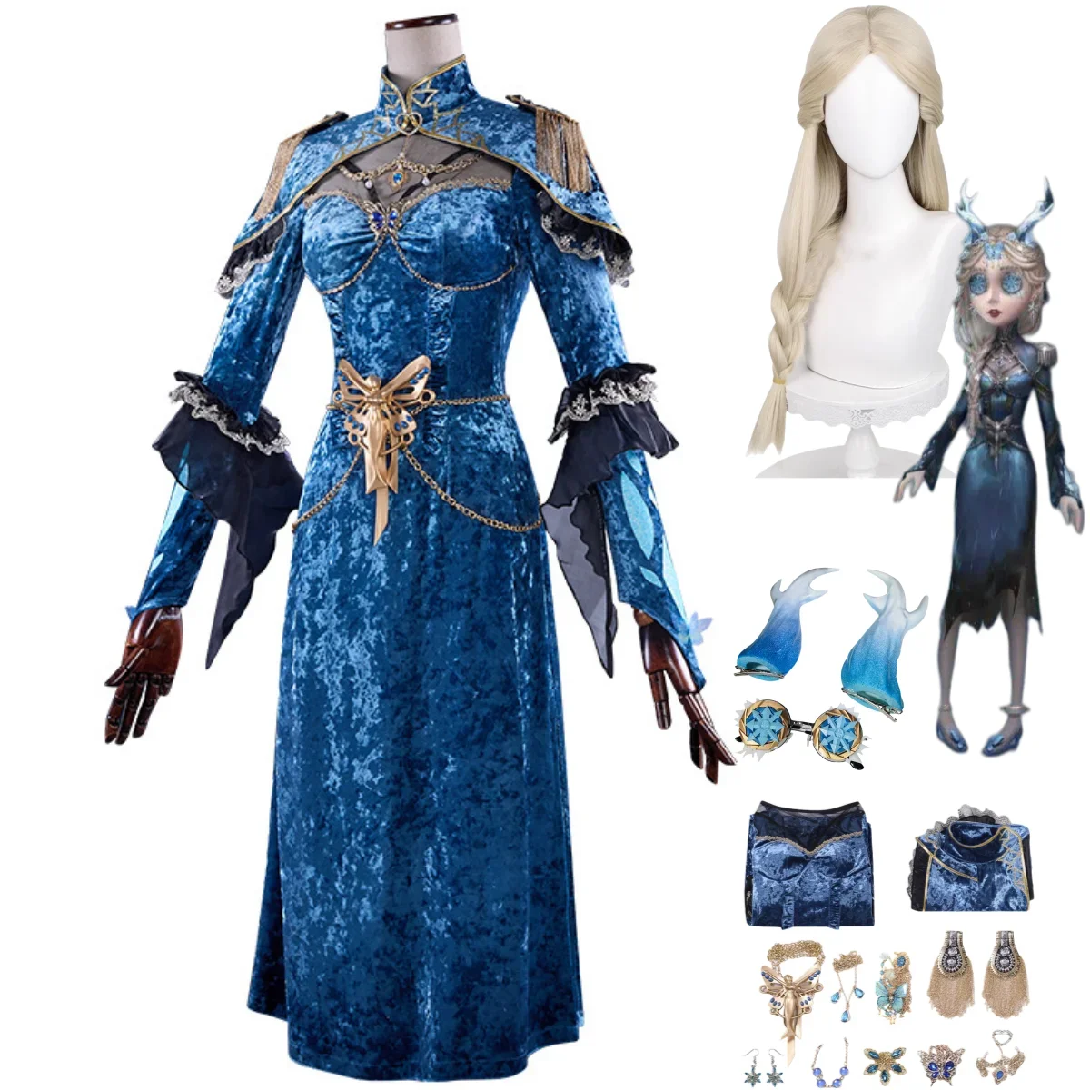 Game Identity Ⅴ Fiona Gilman Priestess Cosplay Costume Butterfly in Ice Gothic Evening Dress Headwear Woman Sexy Carnival Suit