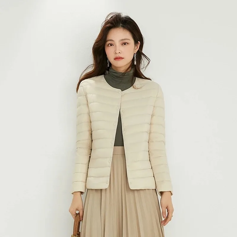

Light Down Coat Women Liner Duck Down Jacket O-neck Variable V-neck New Female Winter Collarless Ultralight Quilted Puffer Coat