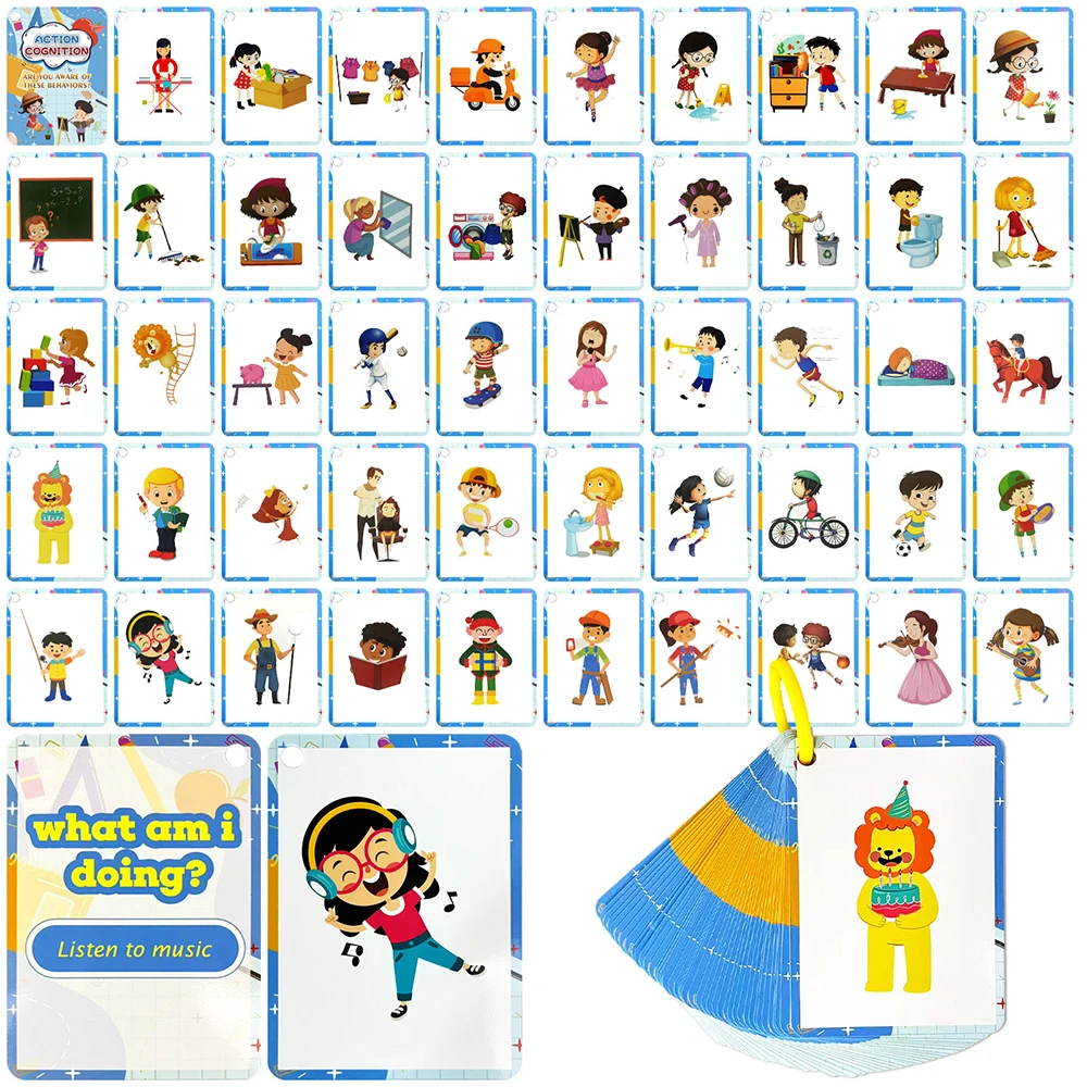 50pcs What am I Doing Flash Cards Conversation Flashcards Action Behaviors Lanuage for Learning To Talk Family Cards