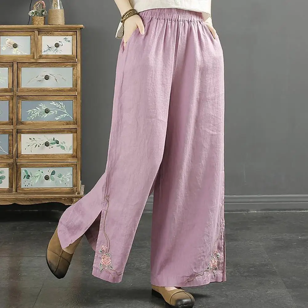 

Comfortable Casual Wide Leg Trousers Stylish High Waist Women's Cotton Trousers with Embroidered Wide Leg Elastic for Vacation