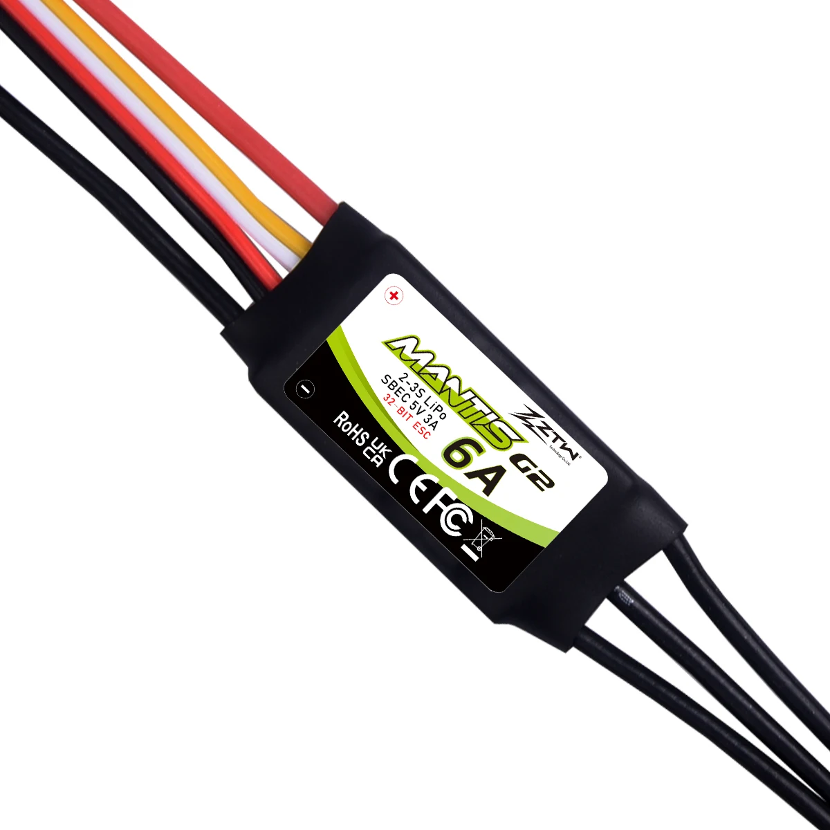 Controle de velocidade sem escova para avião RC, drone de asa fixa, ZTW 32-Bit Mantis G2 6A ESC 2-3S, comutação embutida, BEC, 5V, 3A