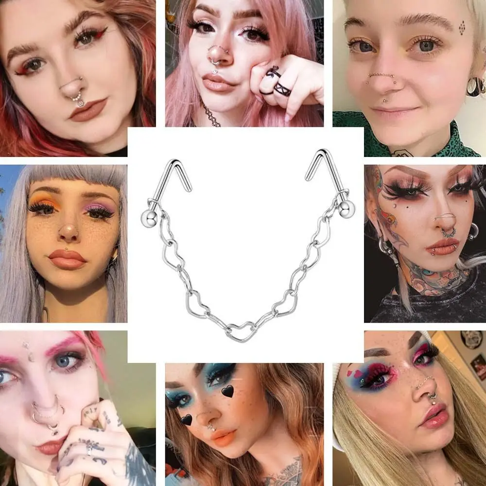 Hop Mannen Neusgat Bal Liefde Hart Ketting Septum Ringen Rvs Neus Stud Neus Piercing Ring Dubbele Neus Ketting Septum Ringen