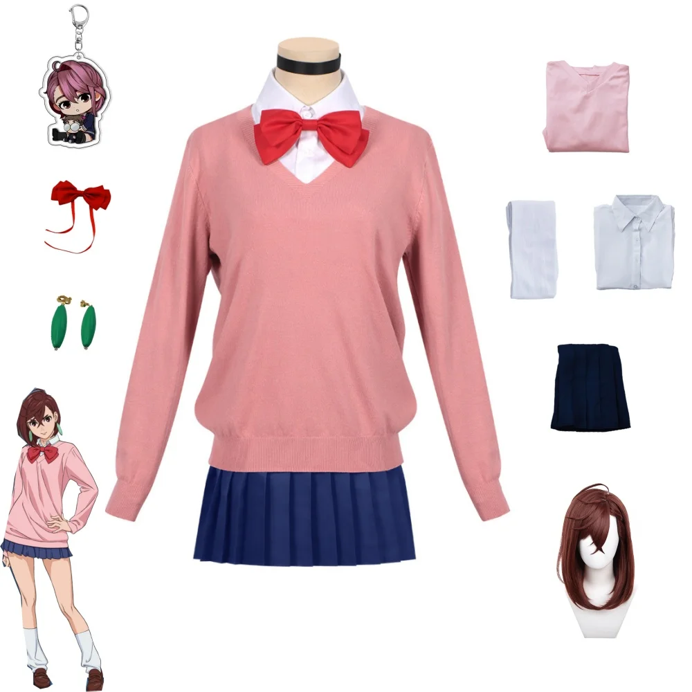 

Momo Ayase Cosplay Costume Wig Anime Dandadan School JK Uniform Earrings Pink Sweater Skirt Halloween Party Women
