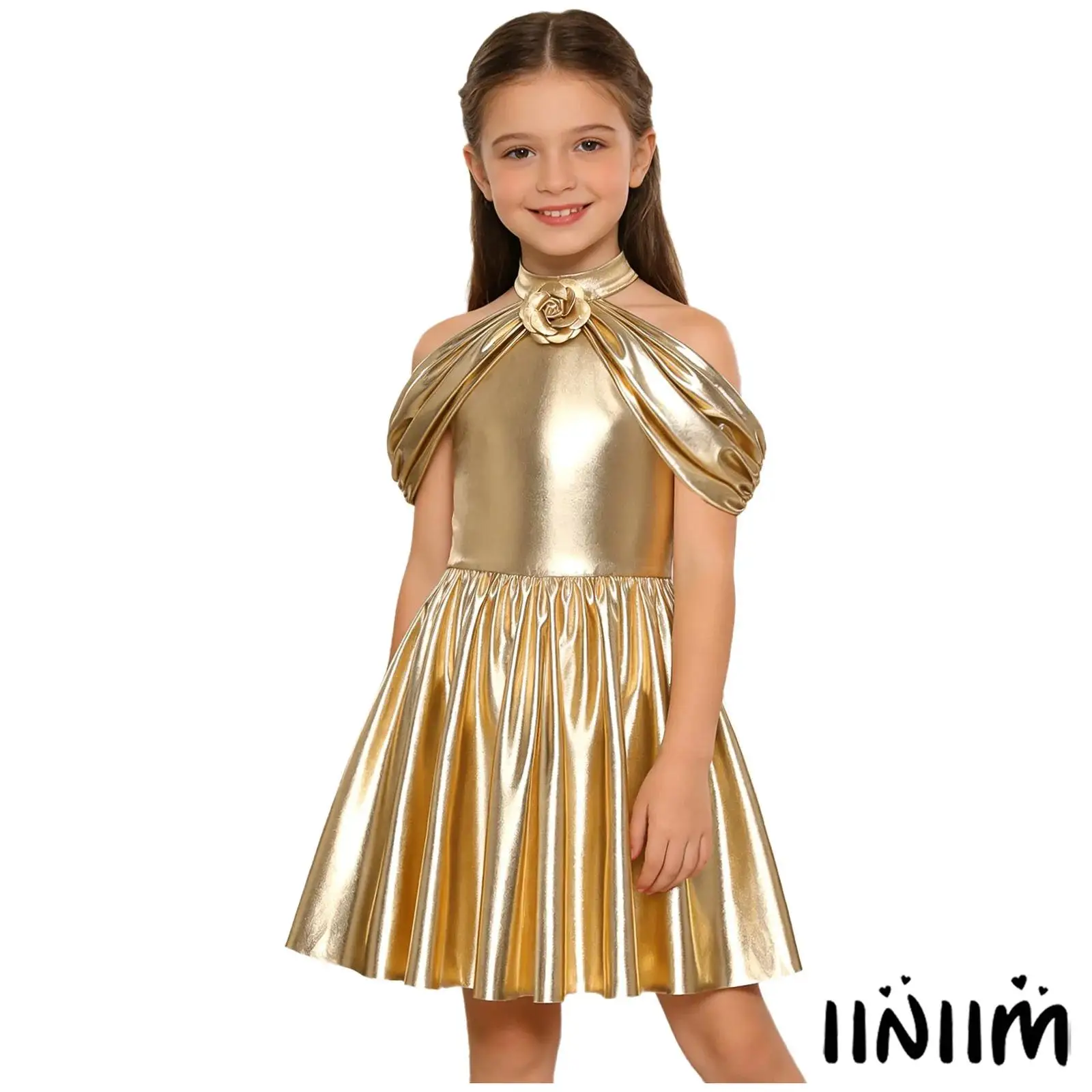 

Kids Girls Metallic Shiny Party Dress with 3D Flower Brooch Mock Neck Cold Shoulder Ruffled Sleeve A-line Dress for Jazz Dance