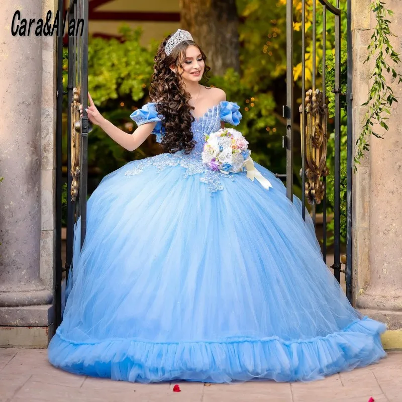 فساتين Quinceanera باللون الأزرق السماوي بأكمام قصيرة الأميرة Vestidos De 15 Años مزينة بالترتر فساتين عيد ميلاد الفتيات المكسيكي