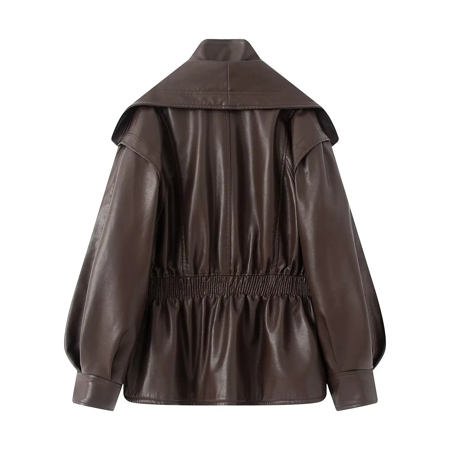 Nowa Jesienno-Zimowa Ciepła Brązowa Kurtka Damska z Zamkiem Błyskawicznym ze Skóry PU, Casualowa z Klapami, Elastyczna Talia, Dopasowany Krój, Odzież Wierzchnia