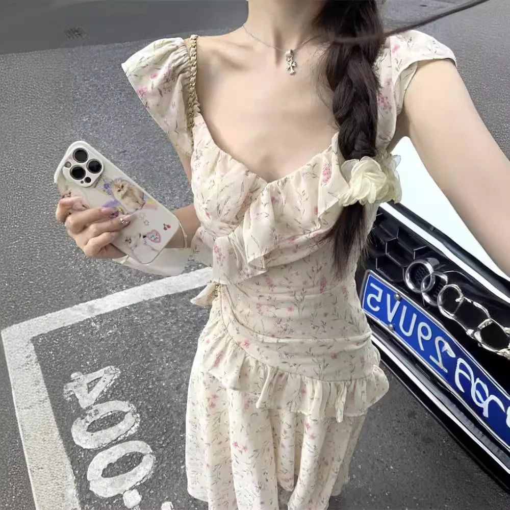 Ele Stampa floreale ter Dr Summer Fairy Gonna lunga Design Sweet Flng Sve Ultra Fairy Sle A-Line Midi Dr