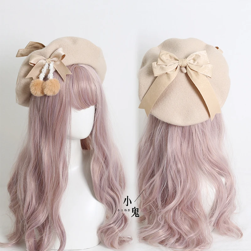 

2025 New Japanese Beret Lolita Damsel Heart Sweet Wool Fabric Handmade Pompon Bow Painter Hat Winter and Spring Women Warm Hat