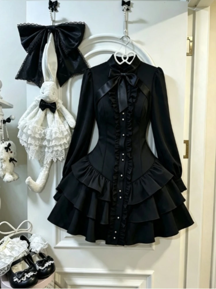 Elegantes Gothic Vintage Spitzen Y2K Minikleid Langarm Slim Damen Streetwear Lolita Outfit Trendige Kleidung für Spicy Girls
