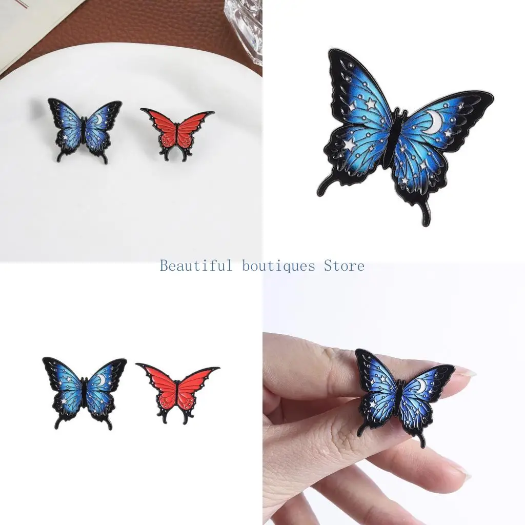 U4LF Charming Blue Red Butterfly Brooch Artistic Lapel Pin With Moon Star Accent Great For DIY And Fashion