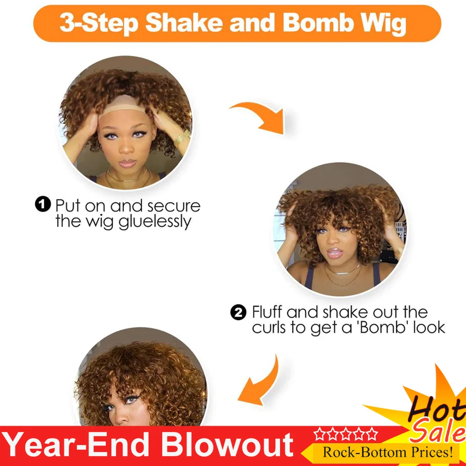 خصلات الشعر المستعار الإنسان غلويليس مع الانفجارات تسليط الضوء على العسل براون مجعد قصير بوب شعر مستعار مع الانفجارات جيري مجعد بوب الباروكات للنساء #5