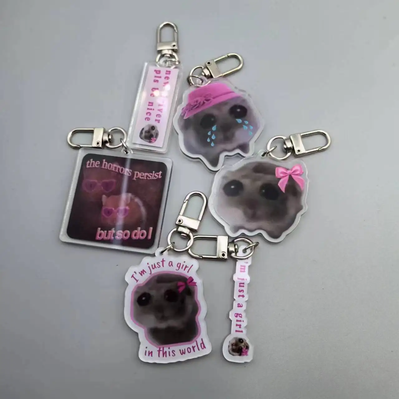 Fun Meme Im Just A Girl Sad Hamster Key Chain Keychains Ring for Accessories Bag Funny Pendant Keyring Jewelry Fans Gifts