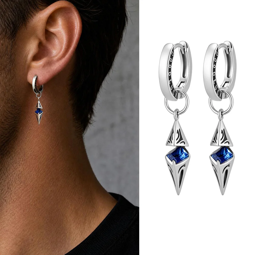 Vnox Herren Spike Dangle Huggie Hoop Ohrringe, Edelstahl Blauer Kristall Glücksbringer Kegel-Anhänger Ohrschmuck für Punk Männer Geschenk