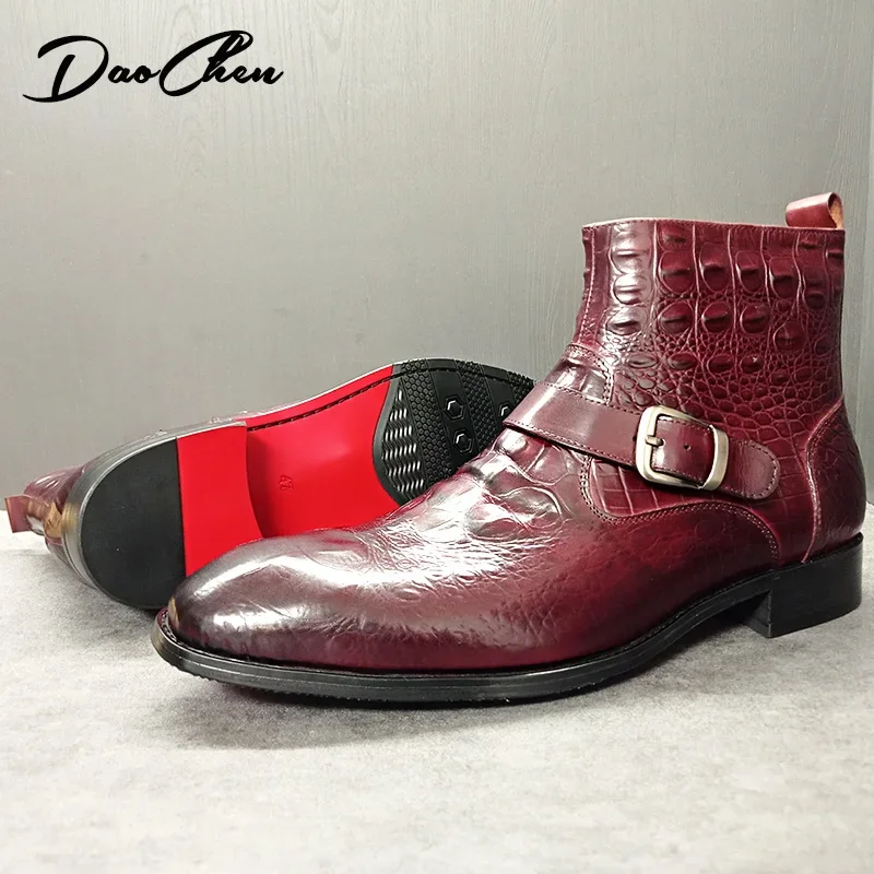 Luxury Men Ankle Boots Shoes Black Burgundy Crocodile Printed Zip Chelsea Buckle Strap Leather Shoes Dress Boots For Men