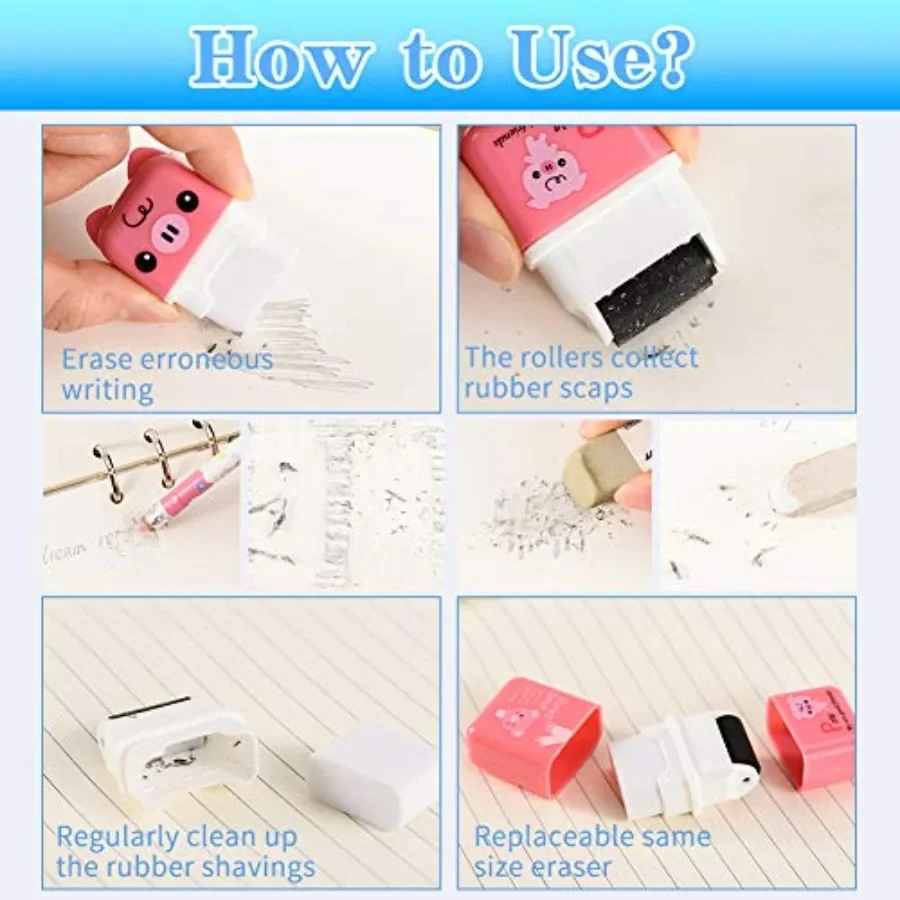 Набор из 12 милых ластиков для карандашей с роликом для очистки и футляром для бритья, идеально подходящих для школьных принадлежностей, офисных сувениров для вечеринок, подарков