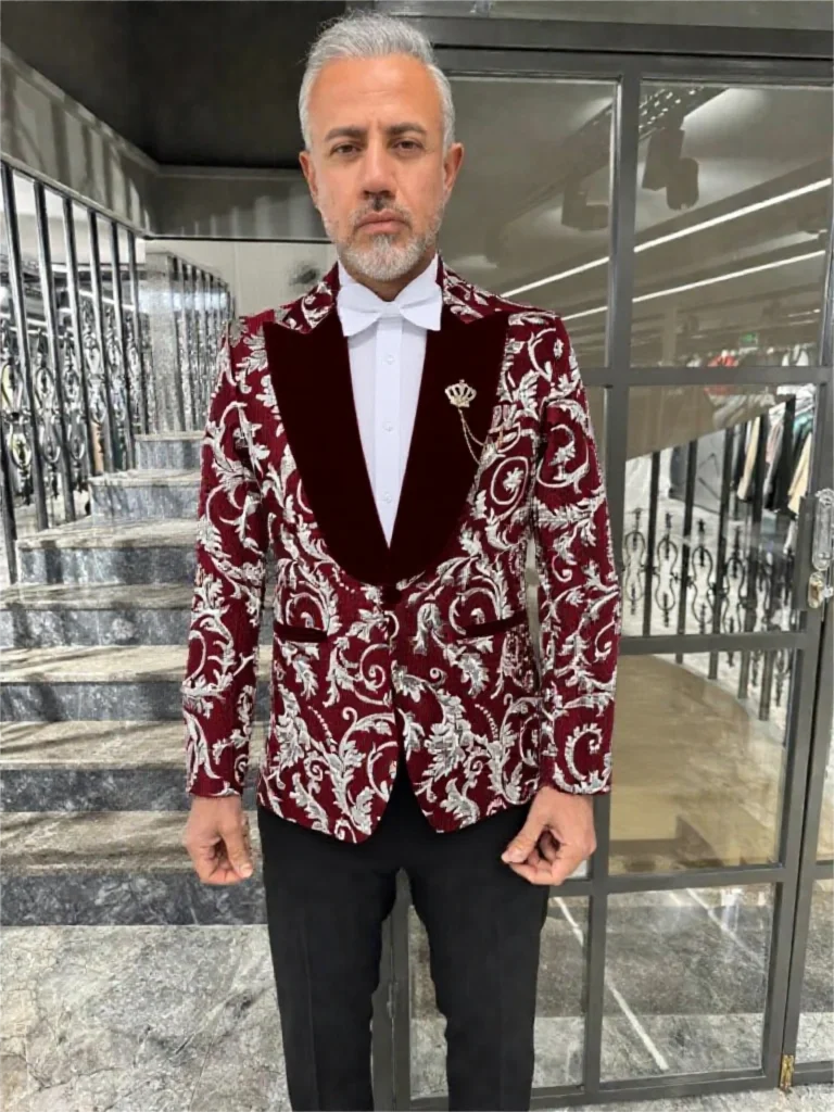 

Бордовый жаккардовый деловой мужской костюм для выпускного вечера на свадьбу, приталенные смокинги для жениха, мужской вечерний пиджак, комплект из 2 предметов, костюм Homme