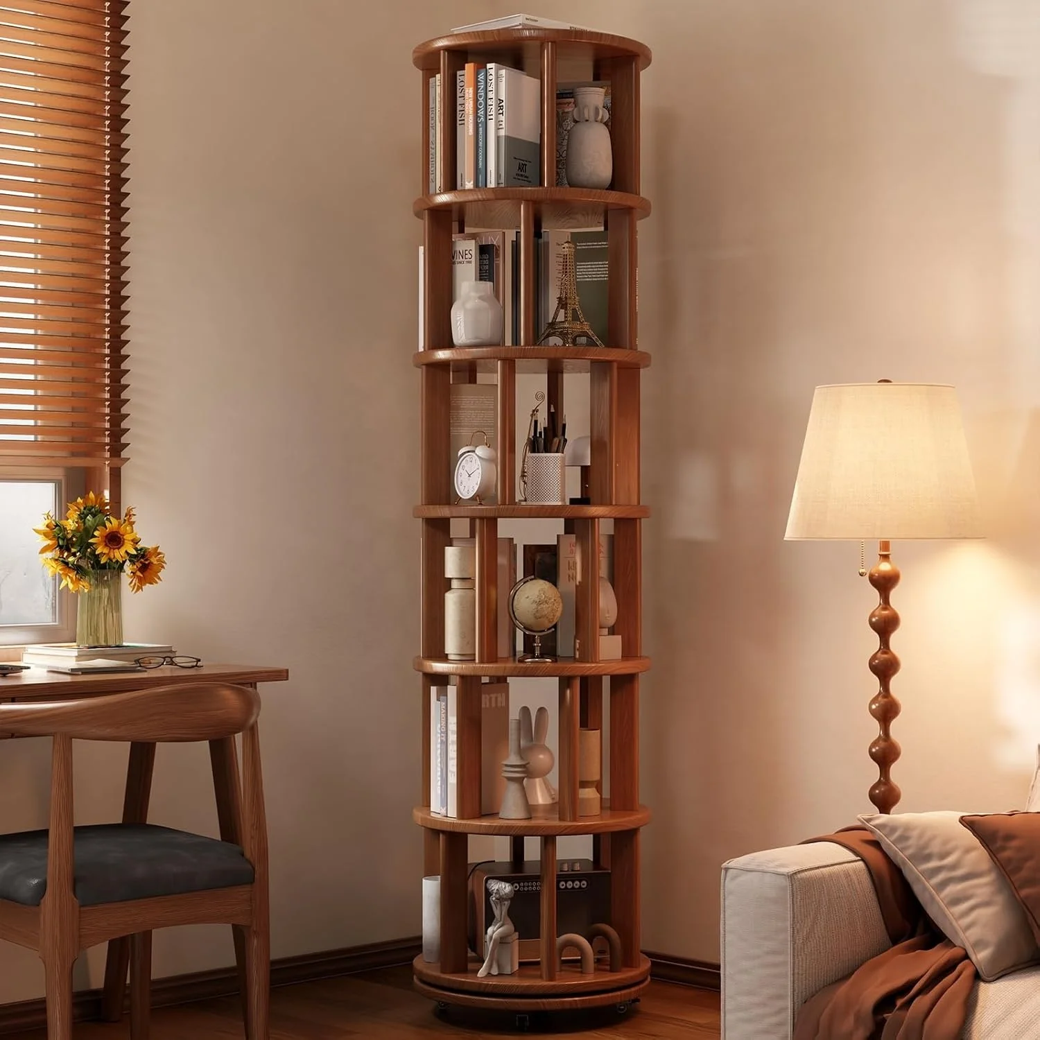 American inventory 6-story modern rotating wood bookshelf with locking wheel large-capacity storage rack