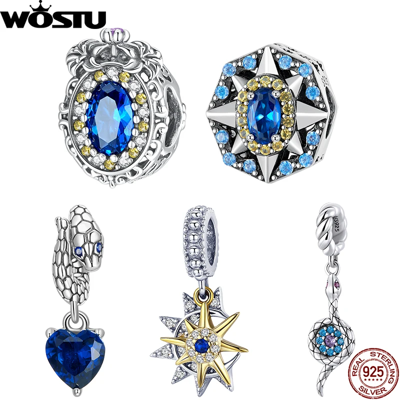 WOSTU 925 Sterling Silver Guardian Snake Bead Retro Blue Zircon Sapphire Charm Fit Original Bracelet DIY Making Jewelry Gift