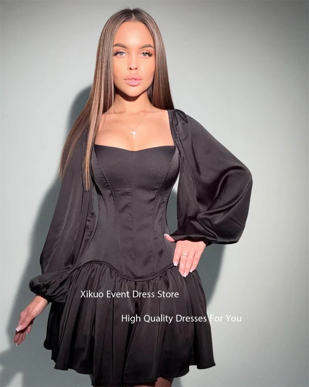 Xikuo атласные платья для выпускного вечера с пышными рукавами и квадратным вырезом на заказ, модные коктейльные платья выше колена по индивидуальному заказу