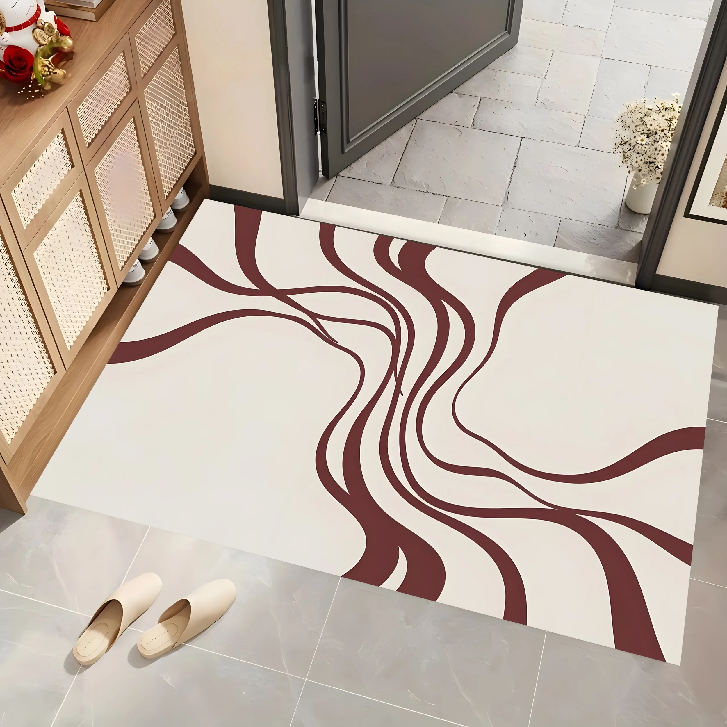 2D Large Rug, Beige & Reddish-Brown Flowing Line Pattern, Minimalist Style, Living Room & Bedroom