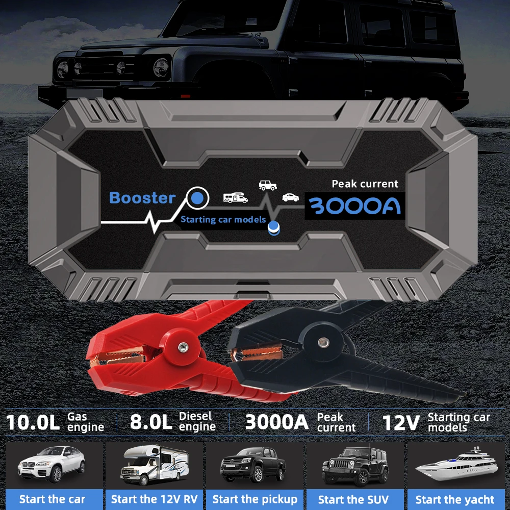 Car 3000A 22000mAh Portable 12V Jump Starter Power Bank 12V Auto Battery Charger Booster Starting Device