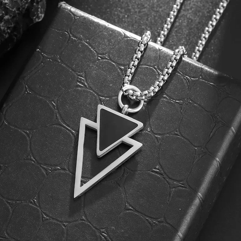 Stainless Steel Double Inverted Triangle Pendant Snake Bone Chain Necklace Men's Trendy Geometric Personality Jewelry