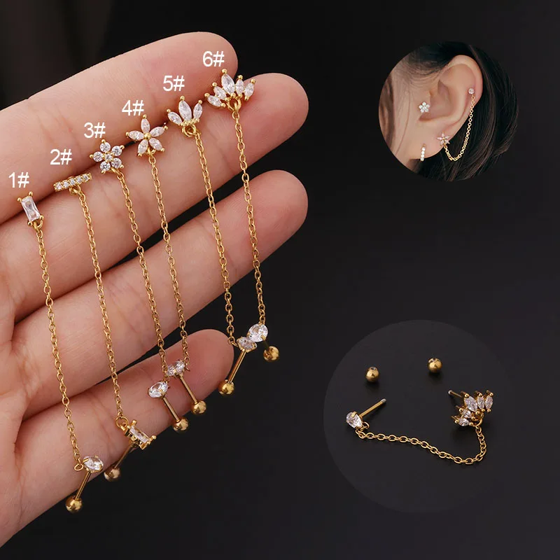 2Pcs 20G 0.8mm Stainless Steel Flower Crown Double Hole Chains Cartilage Srecw Back Stud Earring Ear Helix Piercing Jewelry