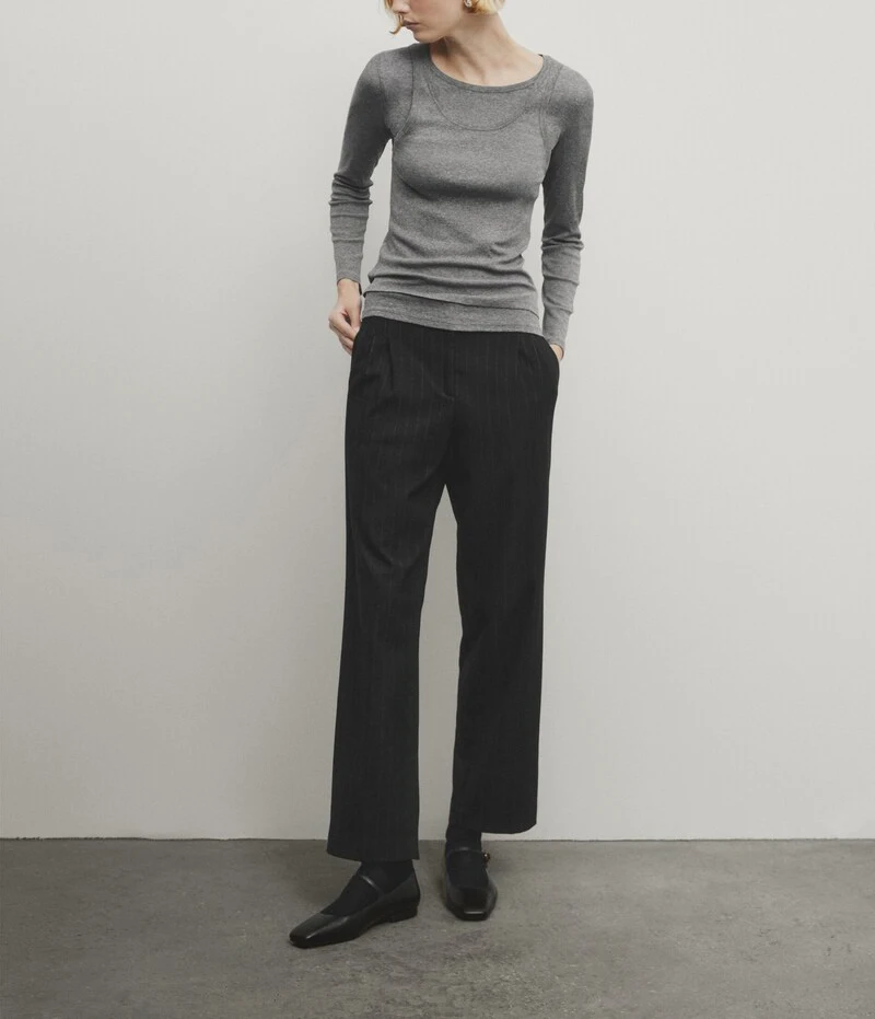 Dzianinowa długa bluzka z okrągłym dekoltem, dopasowana, jednolita, do pracy, jako warstwa bazowa, prążkowana, nowość 2024