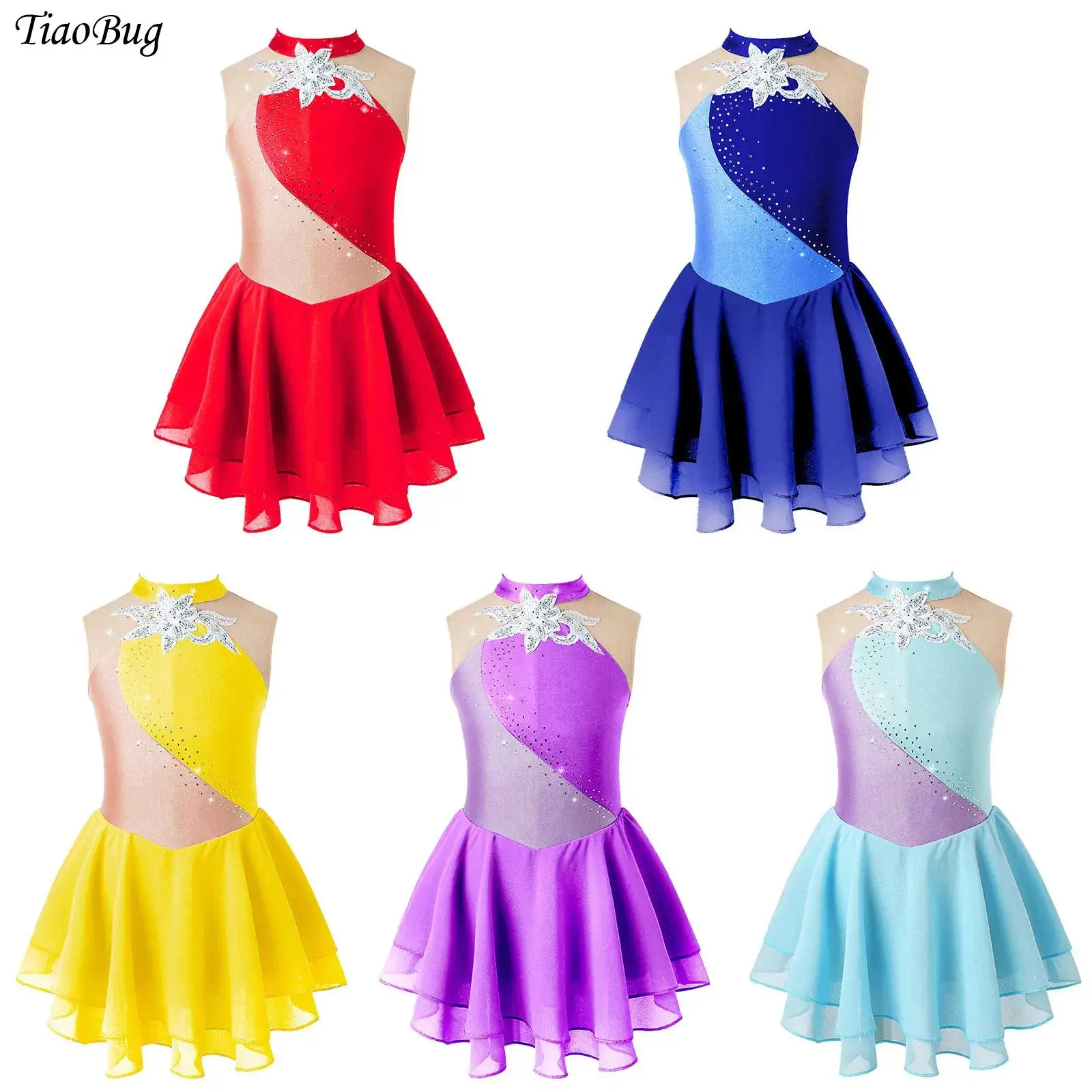 

Girls Ballet Dance Dress Sleeveless Shiny Sequins Figure Ice Skating Gymnastics Dance Leotards Dress Children Ballroom Dancewear