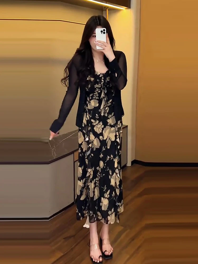 

Summer Chic Floral Print off oulder Dr And Cardigan Set plus Size Women's Clothing Meat Concealing Korean Sle Outfit