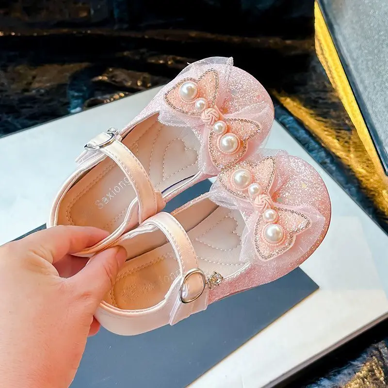 2026 Spring Autumn Girls Princess Shoes British Style Leather Kids Fashion Flats with Pearl Decoration for Daily Wear​