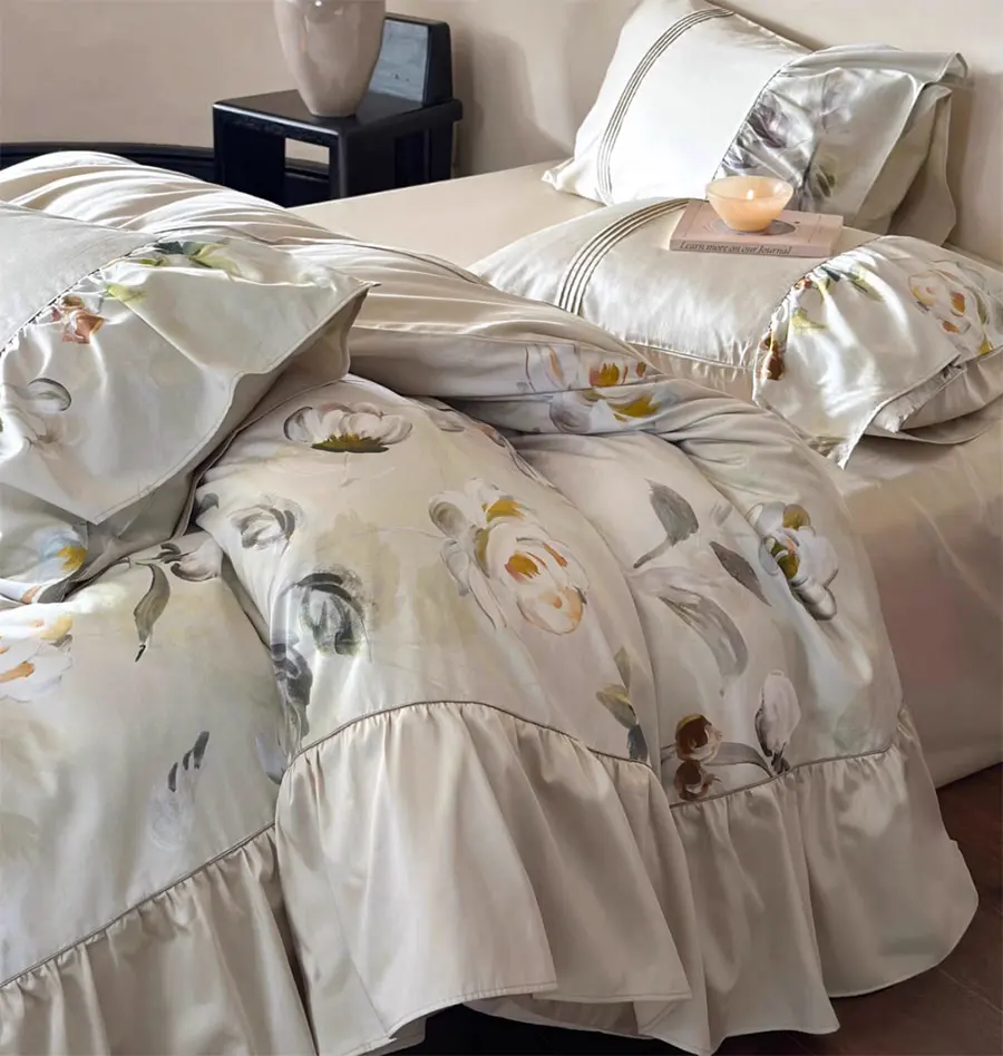 طقم مفارش أسِرة نبات رعوي عتيق أخضر ، ملاءة سرير منزلية من نسيج القطن المكشكش بالكامل للملكة الملك ، غطاء لحاف وغطاء وسادة