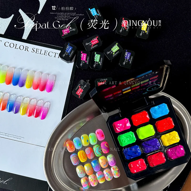 Neue 12-Gitter Fluoreszierende Pat Nagel Feste Gel Nagellack Schnelle Gradienten Malerei Gel Feste Ölgemälde Gel DIY Nail art Maniküre