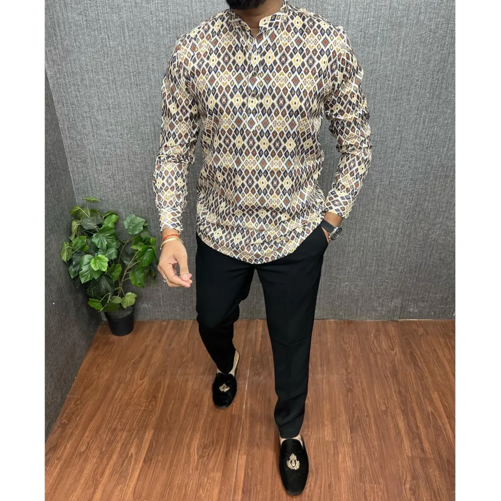 무슬림 남성 의류 민족 프린트 전통 스타일 웨딩웨어 클래식 긴팔 셔츠 전통 캐주얼 셔츠 아랍 의류 ﻿