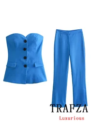 TRAFZA Vintage Solid Women Suit Blue Sleeveless Single Breasted Vest Straight Loose Pants New Fashion 2024 Spring Casual Sets