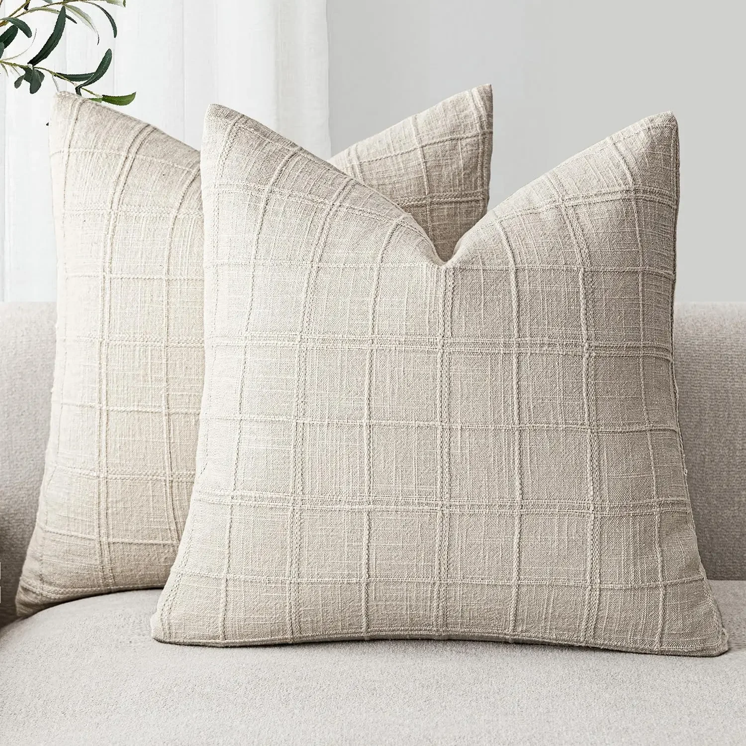 Set of 2 Decorative Linen Check Throw Pillow Covers Neutral Farmhouse Vintage Cushion Covers Modern Boho Home Decor For Sofa