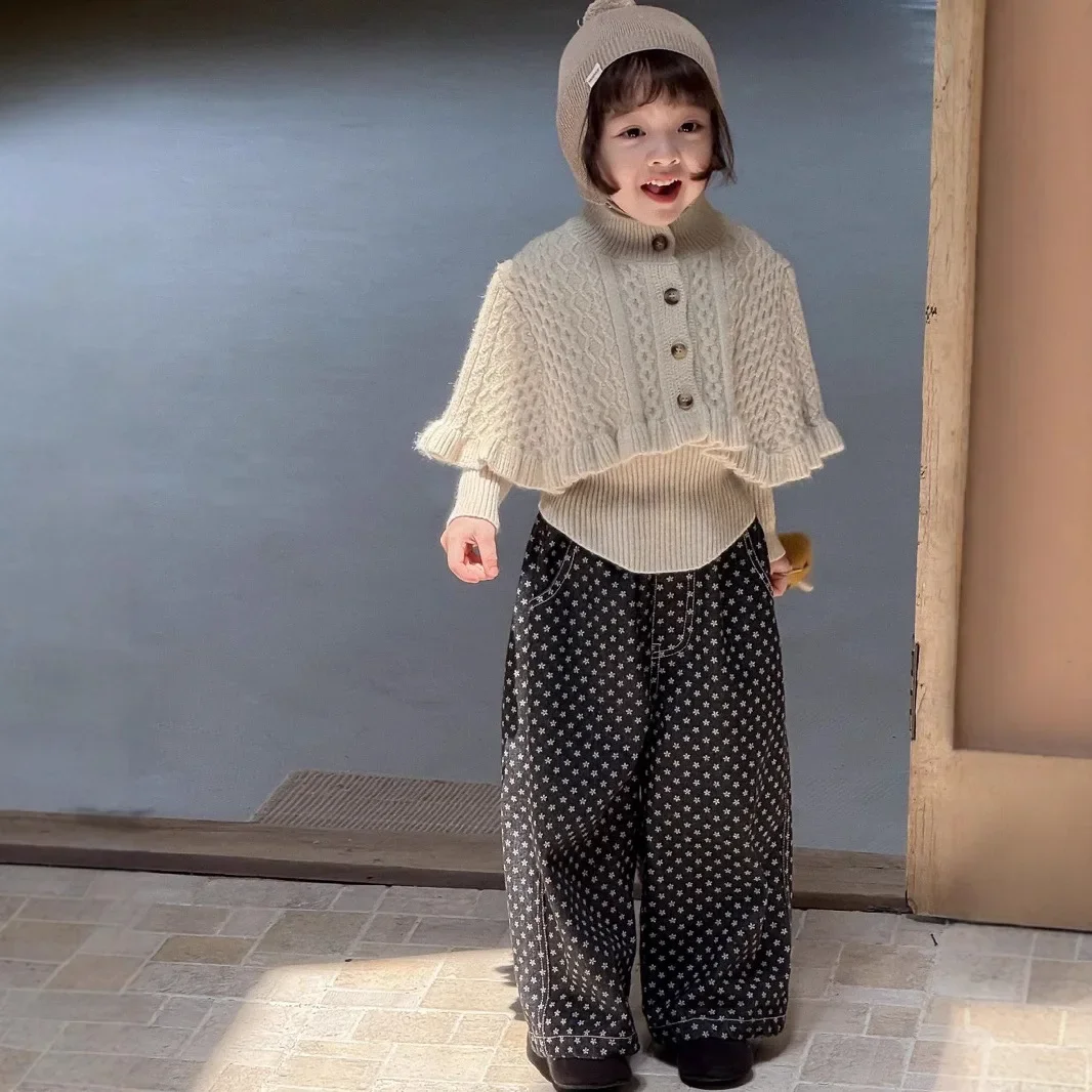 

2025 New Girls Korean Fashionable Hooded Knitted Cloak Coat Floral Pants Sweater Girls Spring and Autumn Sweater