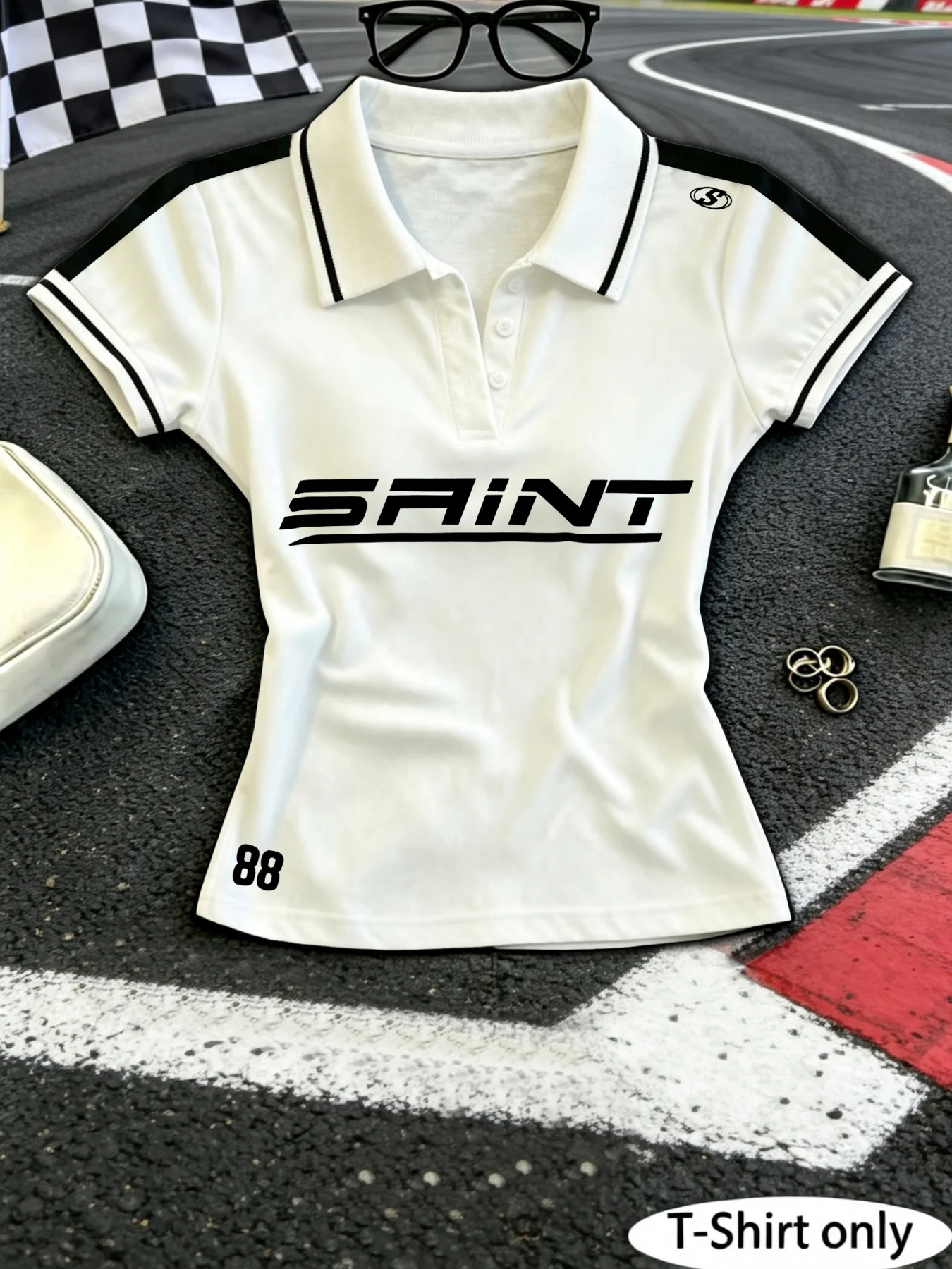 Women Y2K Cropped Polo Shirt, SAINT Racing Letter & Number 88 Multi‑Print Short Sleeve,Daily Street Sports Casual Wear