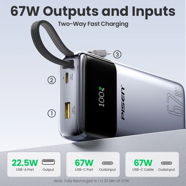 PISEN 20000mAh 67W Power Bank With Fast Charging Cable