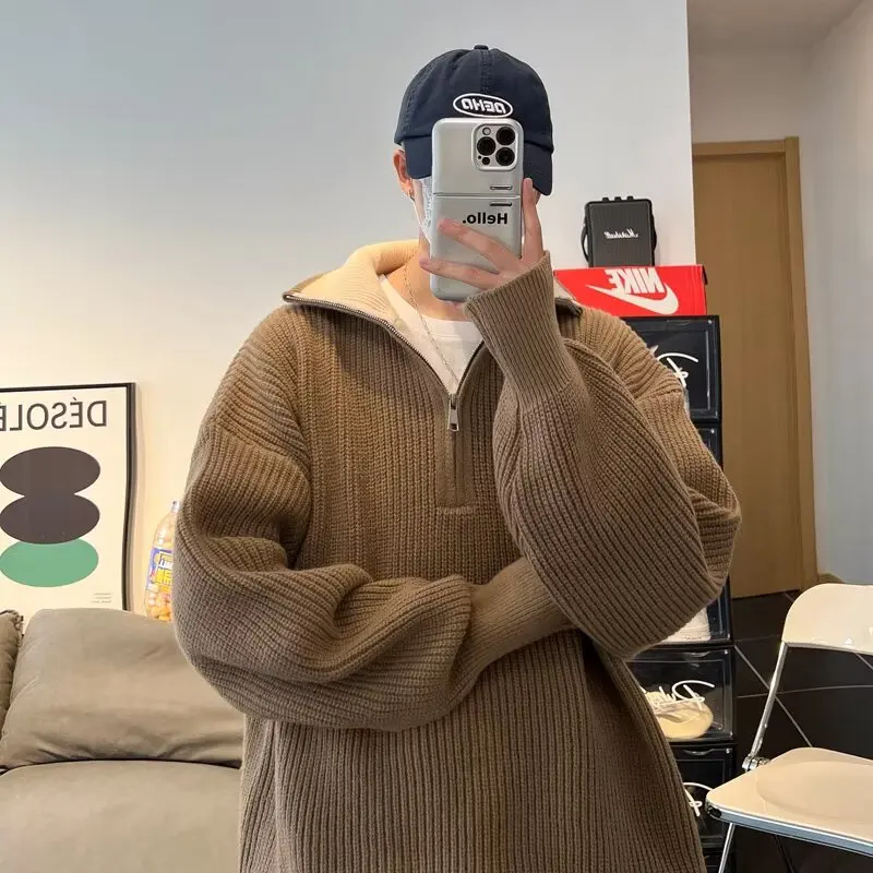 

Men's Loose Fit Zippered Knitted Sweater f High Collar Autumn Winter Thiened Outerwear Polyester Fiber Korean Sle