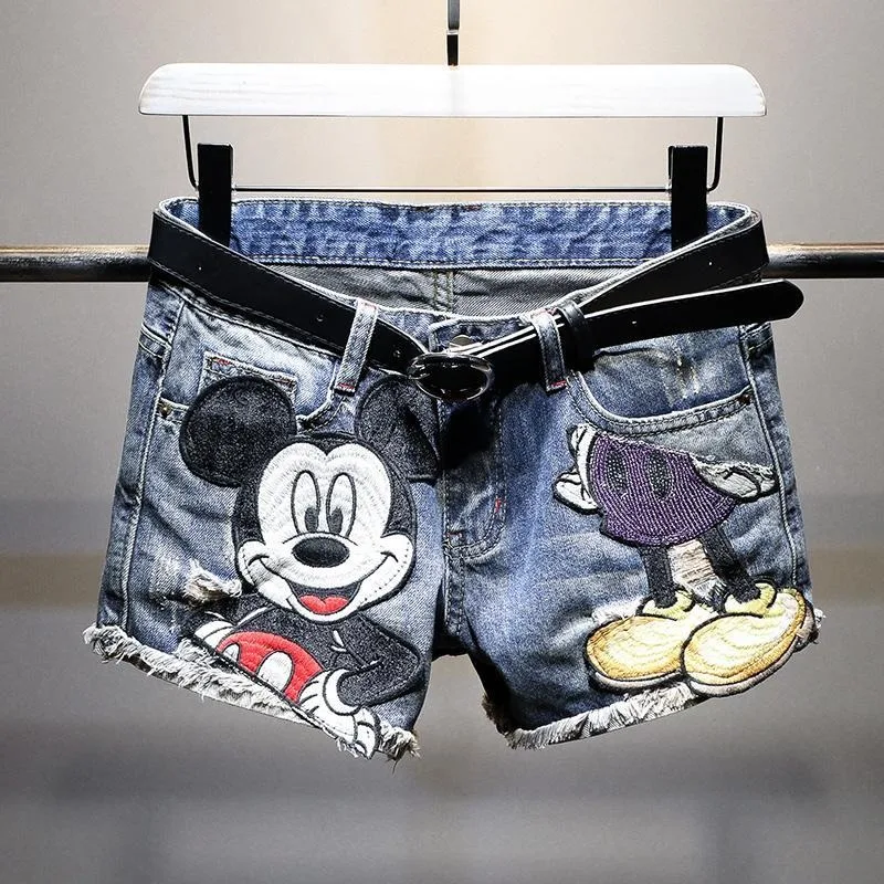 New Mickey Mouse Cartoon Animation Denim Shorts Fashion Trend Personality Y2K Loose Hole Embroidered High Waisted Wide Leg Pants