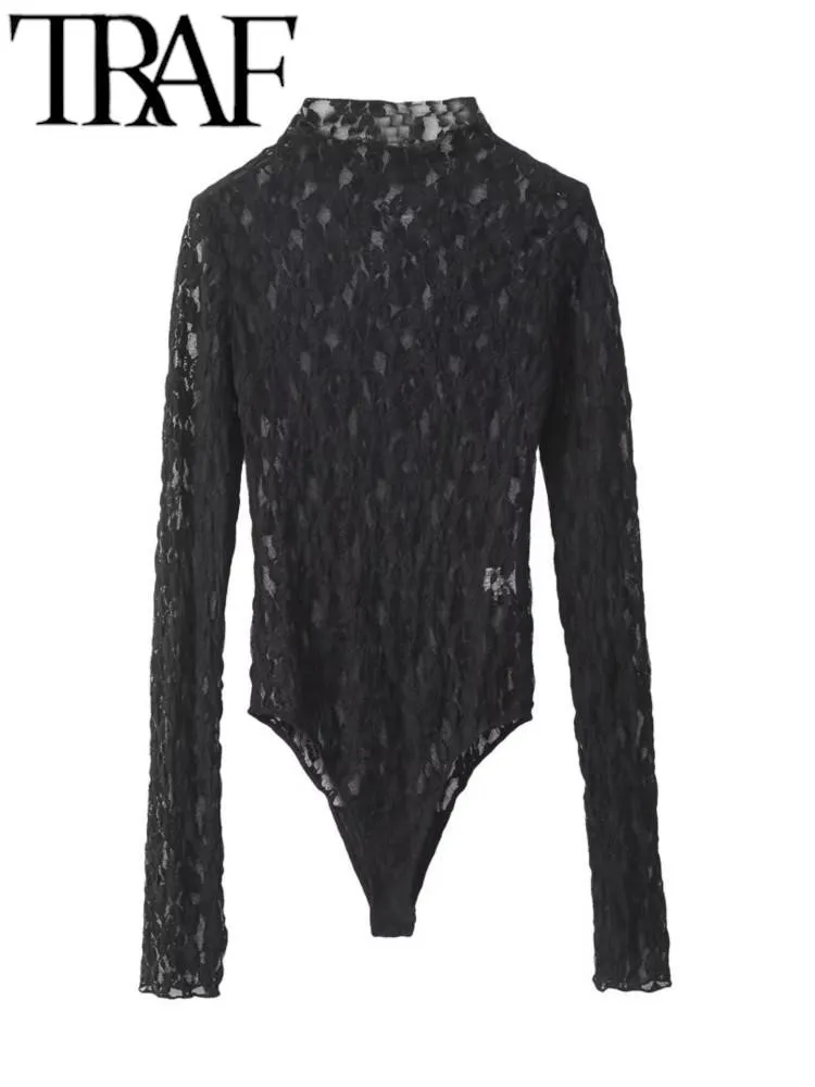 TRAF Sexy Sheer Lace Women Bodysuit 2024 Spring Mock Neck Slim Long Sleeve Top Female Playsuit Y2K Jumpsuits Black