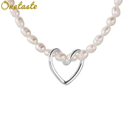 Natural Baroque Pearl Beaded Chain 925 Silver Heart Charm Pendant Necklace Women Korean Trendy Dainty Choker Necklaces Love Gift