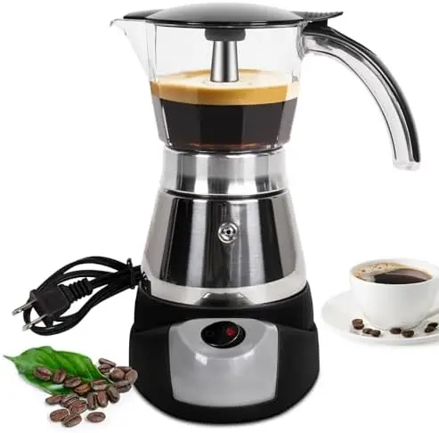 

6-Cup Electric Moka Pot - Stainless Steel Espresso Maker for Home & Camping - 300ml Transparent Design
