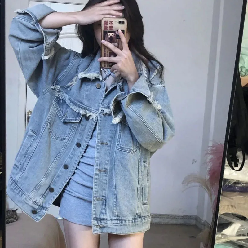 

Vintage Distressed Denim Jackets Women Outwear Fried Street Elegant Loose Jacket Spring Autumn New Burrs Ripped Jeans Coat Tops