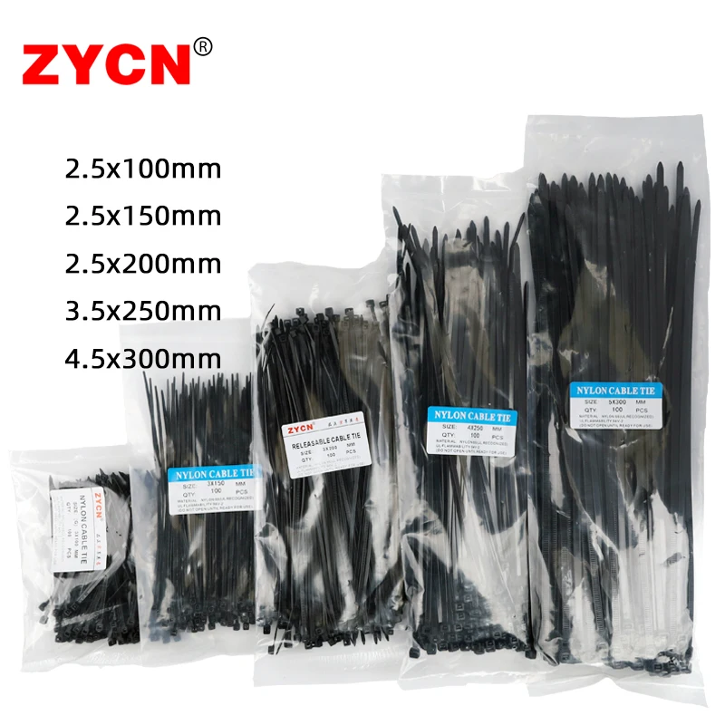 500Pcs Self-Locking Nylon Cable Ties Set 3*100/150/200mm 4*250 5*300 Fixed Binding Wire Zip Plastic Flange Full-Size