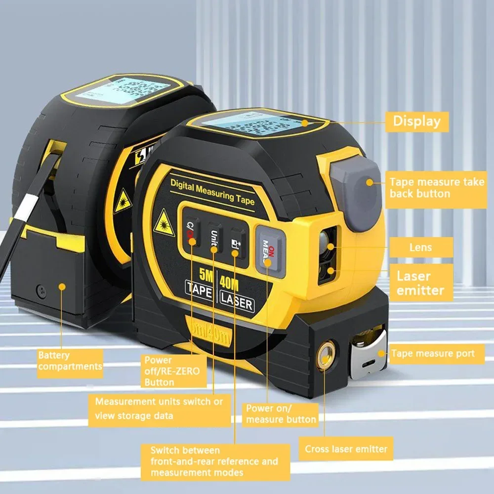 Backlight Distance Meter Building Measurement Device 3 in 1 Laser Rangefinder 5M Tape Measure Ruler LCD Display