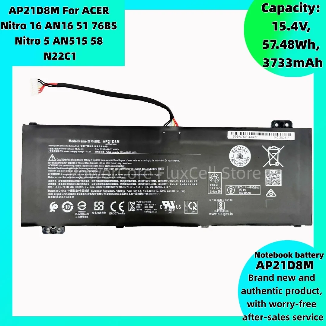 

Long-lasting laptop battery AP21D8M For Acer NITRO5 N22C1 AN515-58-56CL AN515-58-766R AN16-51 V15 ANV15-51 15.4V 57.48Wh3733mAh